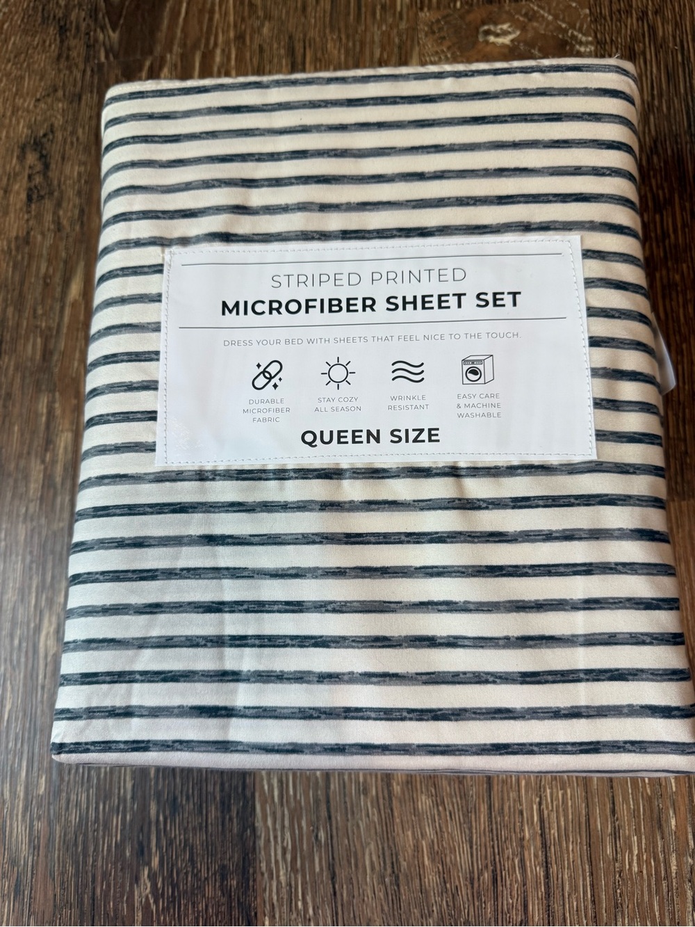 Striped Printed Microfiber Sheet Set - Navy and White - Queen Size